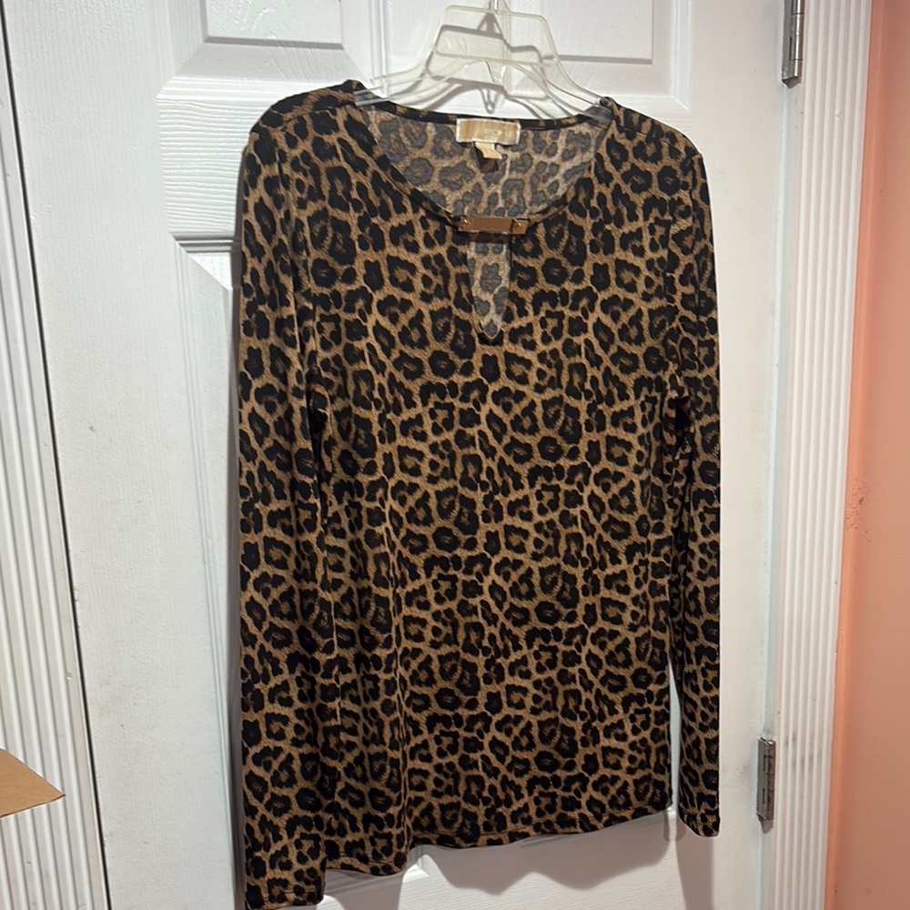 Michael Kors Black and Brown Fitted Long Sleeve Blouse